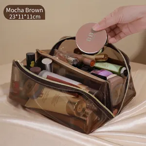 Mocha Braune transparente PVC Kosmetiktasche mit Doppelreißverschluss und viel Stauraum
