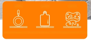 Icons showing silicone mat usage for sponges, cutting boards, and small frying pans