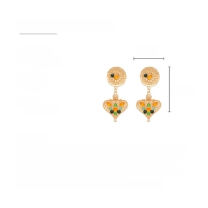 Detailed view of vintage heart earrings with resin flowers and size specifications