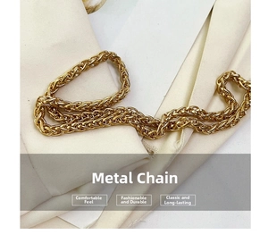 Detailed macro view of a high-gloss golden hardware chain with tight woven link structure