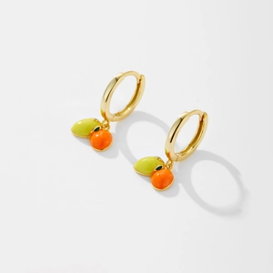 S925 silver orange fruit drop earrings with gold hoops and enamel leaves for women