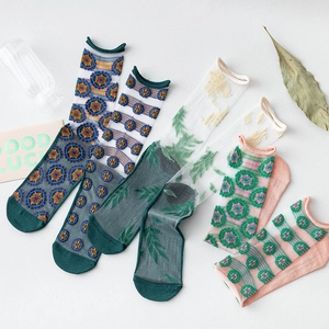 Women sheer mesh socks with vintage floral embroidery and 3D leaf leaf ornaments
