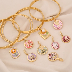 French Retro Stainless Steel Bangle Bracelet With Enamel Flower Charms Zircon Faux Artificial Pearl Gold Plated Jewelry For Women
