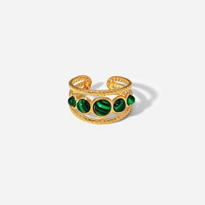 Waterproof gold stainless steel ring featuring five green malachite stones in a multi-row design