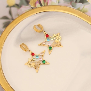 Star and butterfly drop earrings with colorful zircon stones in gold finish