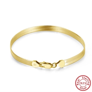 Minimalist 3mm flat blade snake bone chain bracelet in S925 sterling silver gold finish