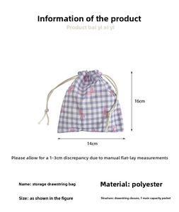 Polyester drawstring storage bag with purple plaid pattern and pink bow decoration details