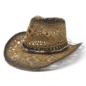 Retro Western Cowboy Straw Hat With Beaded Band Summer Beach Sun Protection Breathable Hollow Out Wide Brim For Men Women