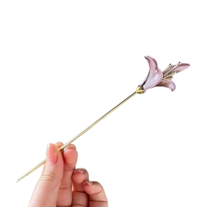 Elegant purple lily flower hair pin with golden stem for women in New Chinese style