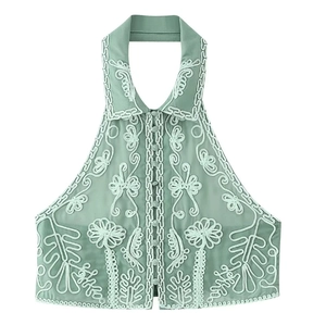 Pale green halter top with white floral rope embroidery and button front closure