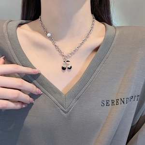 Hip hop silver link chain necklace featuring black cherry pendant and a white pearl accent