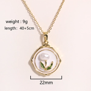 Detail view of 22mm flower pendant necklace with natural freshwater pearl and dimensions