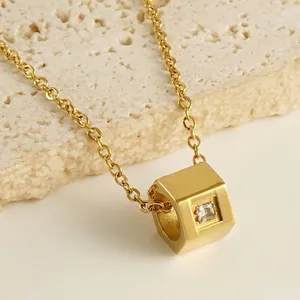 Hexagon Nut Pendant Necklace Stainless Steel 18K Gold Plated Geometric Square Zircon Industrial Style Trendy Jewelry Unisex