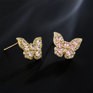 18K gold-plated butterfly stud earrings with pink and white AAA zircon stones