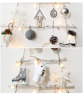 Detail of DIY wooden Christmas tree wall hanging with various mixed texture ornaments