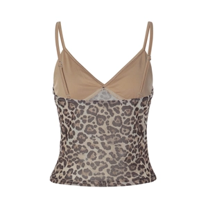 Detail of leopard print camisole featuring slim straps and a sexy V-neckline design