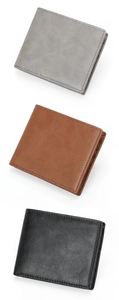 Three-color leather bi-fold wallets showing grey, brown, and black textured leather