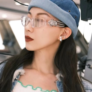 Y2K futuristic transparent sunglasses with a sleek one-piece lens and metallic temple detail