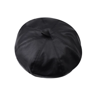 Classic black PU leather beret hat with stitched panels and a top tab for women