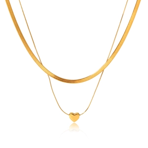 Detail of 18K gold plated double layer necklace with flat snake chain and heart pendant