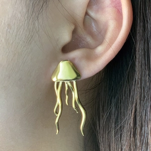 Golden jellyfish dangle earrings for women with elegant long fringe and metallic finish