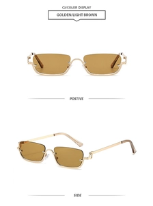 Detail view of gold semi-rimless square sunglasses with light brown lenses and ring hinge