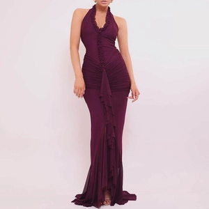 Sexy Halter Maxi Dress Deep V Neck Ruffle Ruched Side Slit Backless Mesh Patchwork Evening Party Clubwear For Women