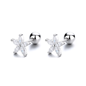S925 sterling silver flower stud earrings with sparkling zircon and screw back closure