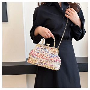 Detail of colorful woven evening clutch featuring gold hardware and kiss-lock closure