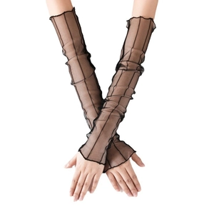 Long black mesh sun protection gloves with breathable lace design and elastic cuffs