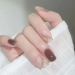 Press On Nails Brown White Marble Smudge Design Short Square Round Full Cover Glossy Artificial Fingernails For Women