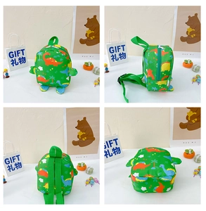 Detail view of cartoon dinosaur toddler backpack showing front, side and back angles