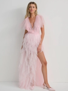 Detail of pink V-neck lace bodice and tiered ruffle mesh layers on a long evening dress