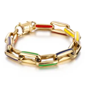 Men Chain Bracelet 316L Stainless Steel Colorful Enamel Square Hollow Link Hip Hop Punk Trendy Jewelry