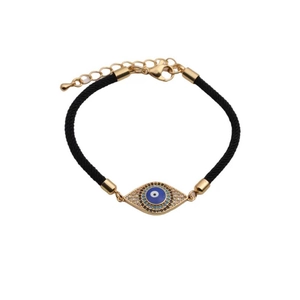 Adjustable golden evil eye charm bracelet with blue cubic zirconia and black woven cord
