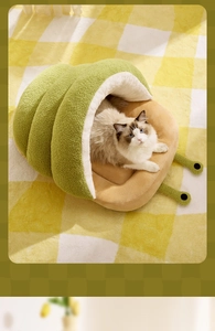 Detail of snail-shaped cat bed in green plush fabric with a kitten resting inside