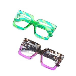 Stylish thick square blue light glasses in transparent green and tortoise purple colors
