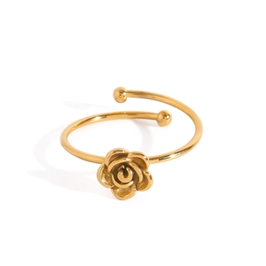 Elegant 18k gold plated stainless steel open ring with a detailed rose flower design