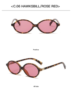 Front and side view of hawksbill oval sunglasses with rose red lenses in detail