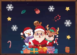 Detailed view of colorful Christmas window stickers with Santa, reindeer and snowman graphics