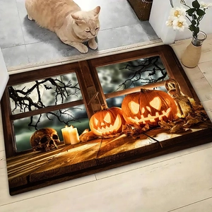 Cozy Halloween 3D pumpkin bath mat on wooden floor with a cute orange cat resting