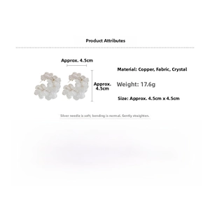 Detailed specs of lace flower earrings with crystal accents and silver needles