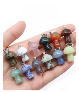Detailed display of 12 mini natural crystal mushroom pendants with metal loops for DIY jewelry