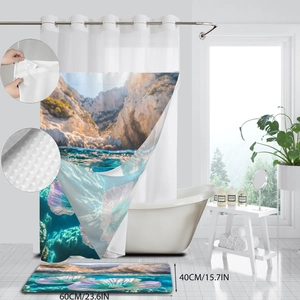 Detail of waffle weave fabric and landscape print shower curtain with bath mat set