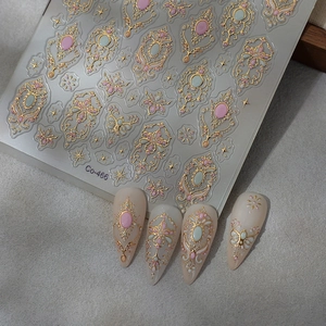 Baroque style gold totem nail art stickers with embossed gems and pearl patterns