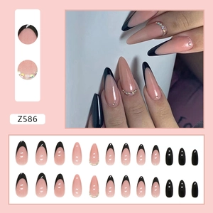 French black tip almond press-on nails with rhinestones and nude base 24pcs set
