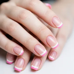 Classic pink and white French square press-on nails with minimalist double-line tip design