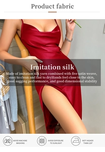 Detail of red imitation silk nightgown showing five satin weave fabric and high slit design