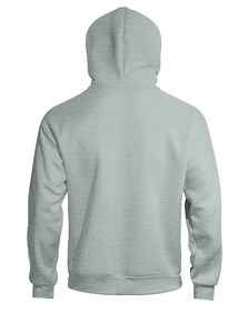 Back view of a grey double-layered hooded zip-up sweatshirt with a clean white background