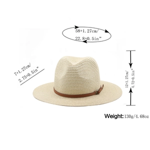 Detail of straw fedora hat showing 58cm head circumference and 7cm brim size specs